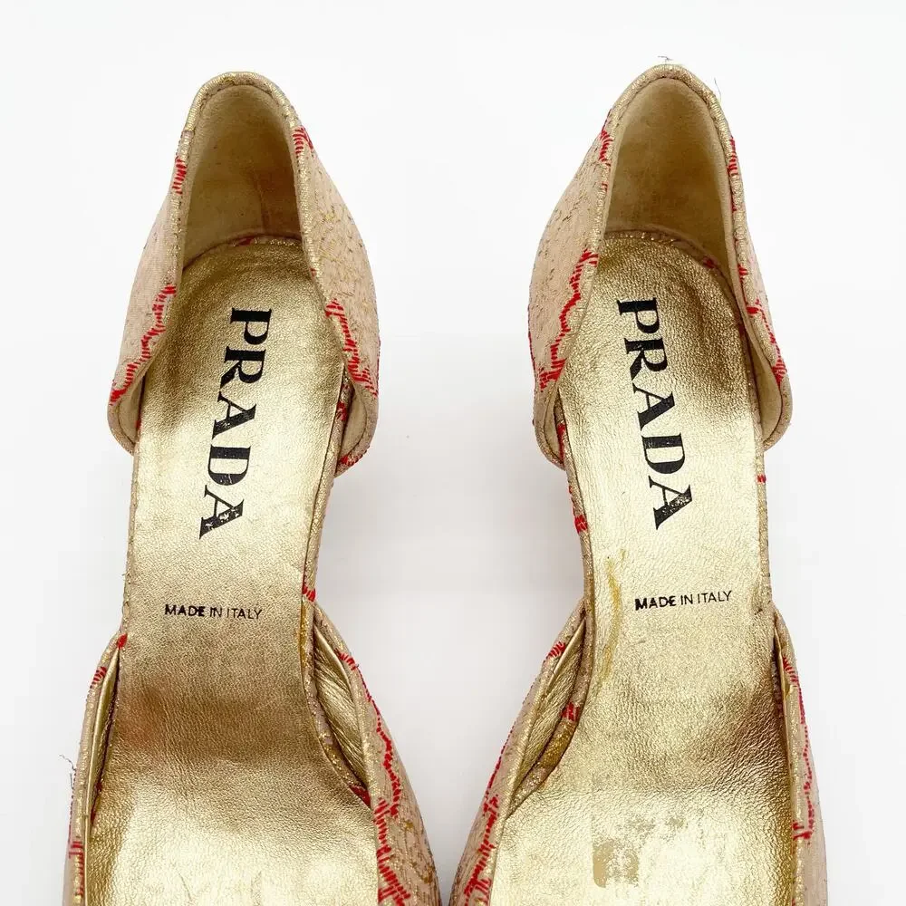 Prada Vintage Gold Brocade Red Woven D’Orsay Pointed Toe Kitten Heels IT 36 - Picture 7 of 12